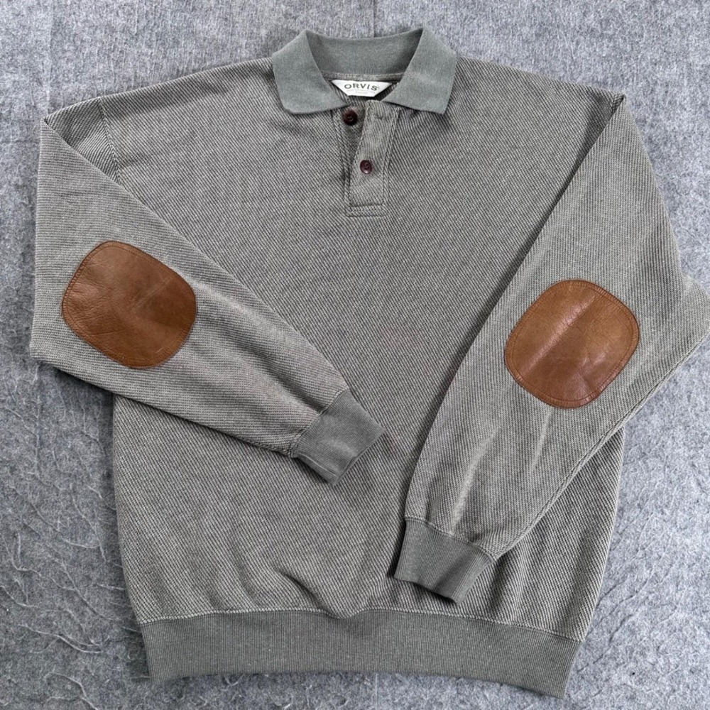 Orvis Mens Medium Elbow Patch Polo Sweatshirt Pullover Textured